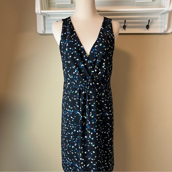 J.CREW Painted Dot Dress Black Blue Green White V-Neck Pleated C3871 Size 8 - Picture 6 of 12